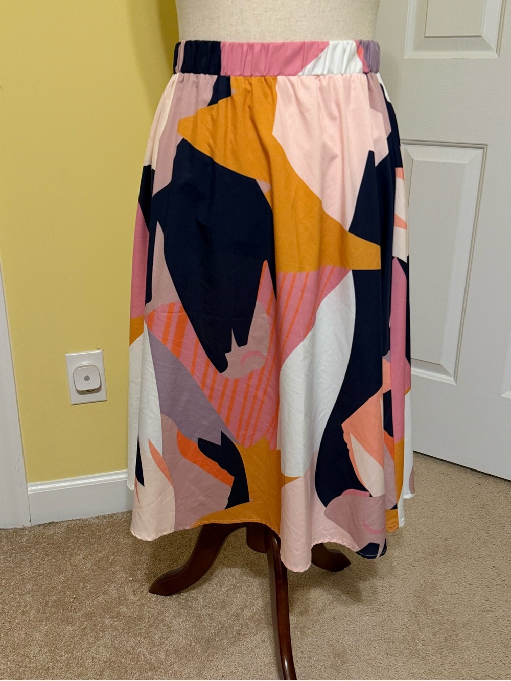 SHEIN Abstract Colorblock Midi Skirt in Pink, Navy & Mustard